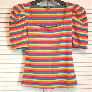 🌈NWOT Stripe Ruched Sleeve Puff Shoulder Cotton Ribbed Top (M)🌈